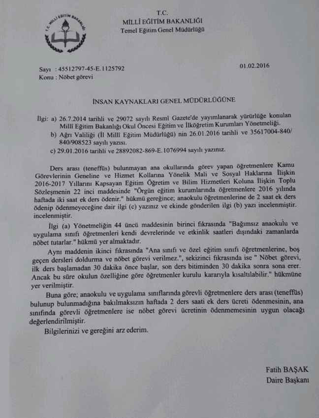 Okul Öncesi Öğretmenlerin Nöbet Ücreti Yazısı