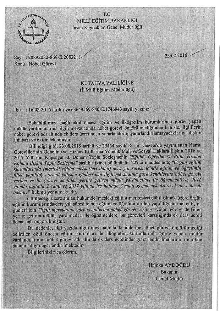 Müdür Yardımcılarına Nöbet Ücreti Yok Resmi Yazı